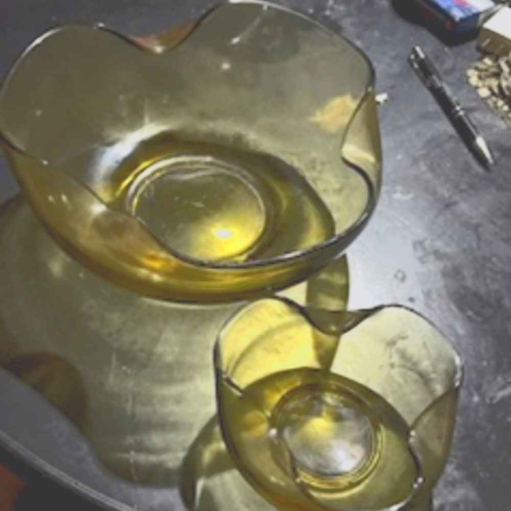 Vintage Light Yellow Glass Chip & Dip Bowl Set.